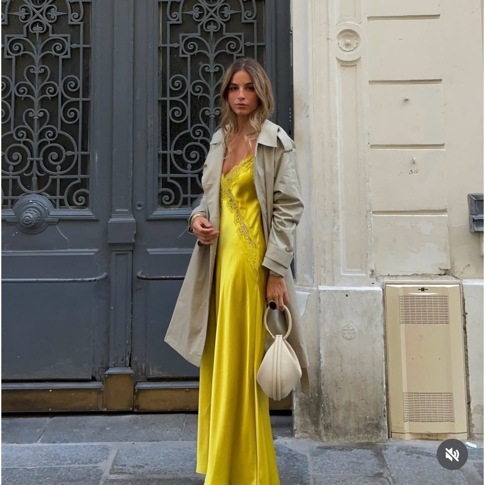 Zara Lace-Trim Slip Satin Maxi Dress in Mustard Chartreuse Yellow - Picture 6 of 15